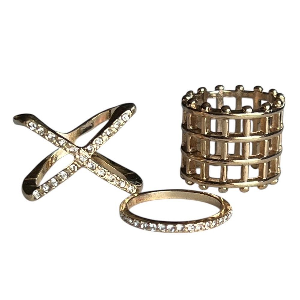 Lot Of 3 Gold-tone Stacking Rings - Cross Slim Pave Wide Cage